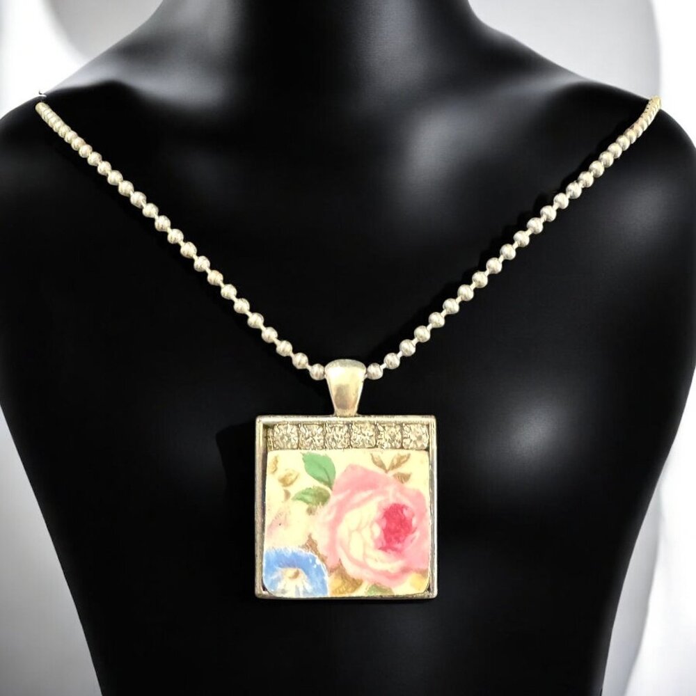Homer Laughlin Floral Broken China  Square Pendant with Rhinestones Necklace - Picture 8 of 15